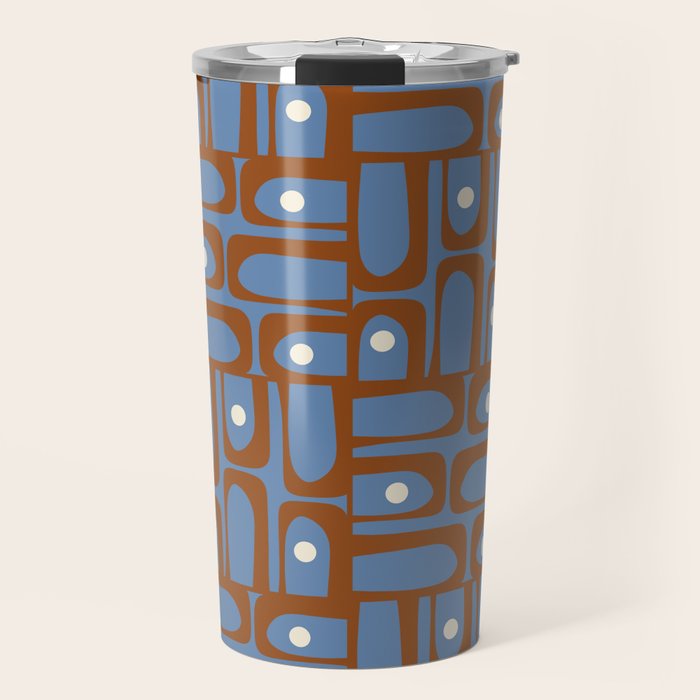 Mid Century Modern Piquet Abstract Multi Pattern in Blue and Brown Travel Mug Gallery Image 1