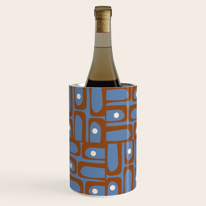 Mid Century Modern Piquet Abstract Multi Pattern in Blue and Brown Wine Chiller Gallery Image 2