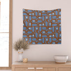 Mid Century Modern Piquet Abstract Multi Pattern in Blue and Brown Wall Tapestry Gallery Image 2