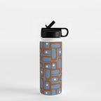 Mid Century Modern Piquet Abstract Multi Pattern in Blue and Brown Water Bottle Gallery Image 1