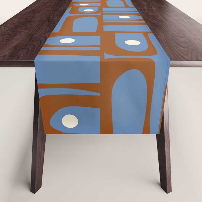 Mid Century Modern Piquet Abstract Multi Pattern in Blue and Brown Table Runner Gallery Image 1