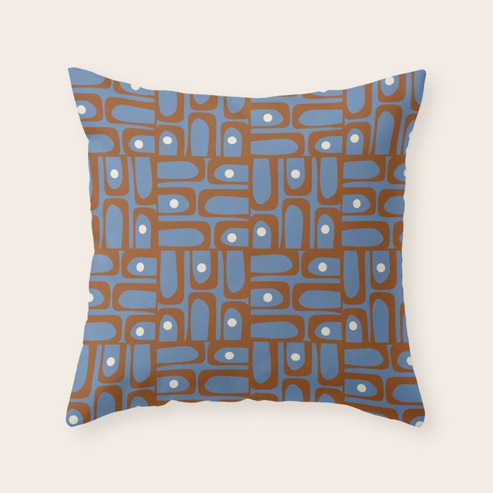 Mid Century Modern Piquet Abstract Multi Pattern in Blue and Brown Throw Pillow Gallery Image 6