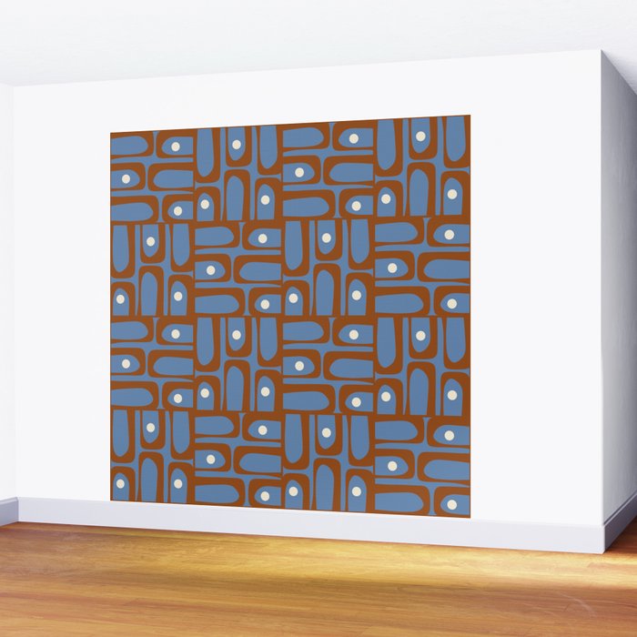 Mid Century Modern Piquet Abstract Multi Pattern in Blue and Brown Wall Mural Gallery Image 2