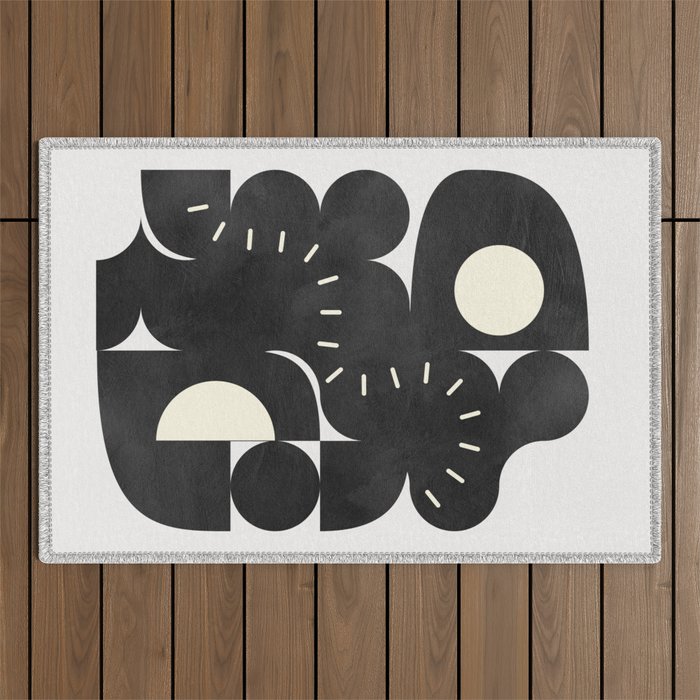 minimal black white shapes mid century Outdoor Rug Gallery Image 1