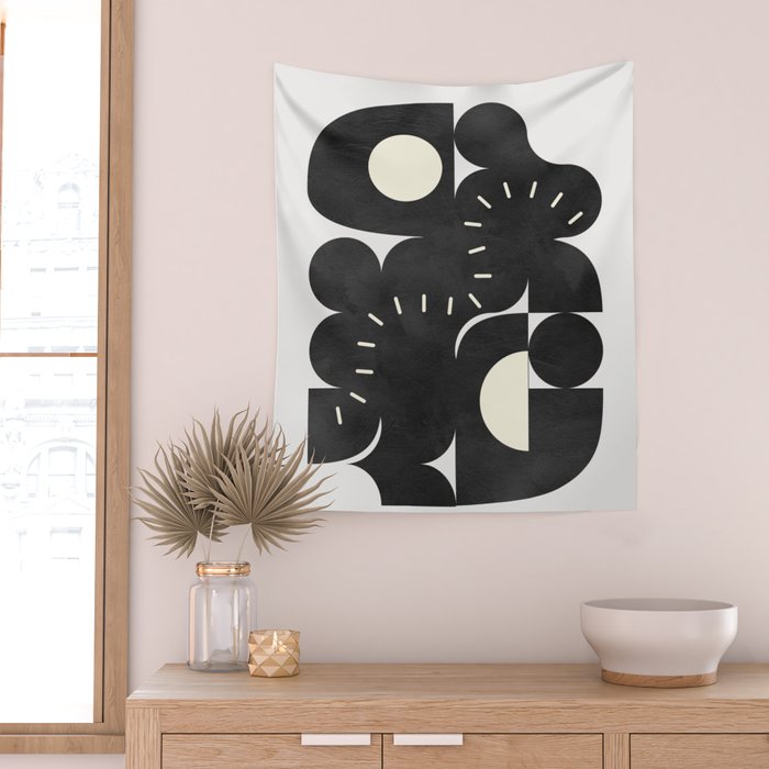 minimal black white shapes mid century Wall Tapestry Gallery Image 2