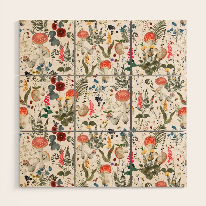 Watercolor Hand Drawn Mushroom Autumn Garden Wood Wall Art Gallery Image 1