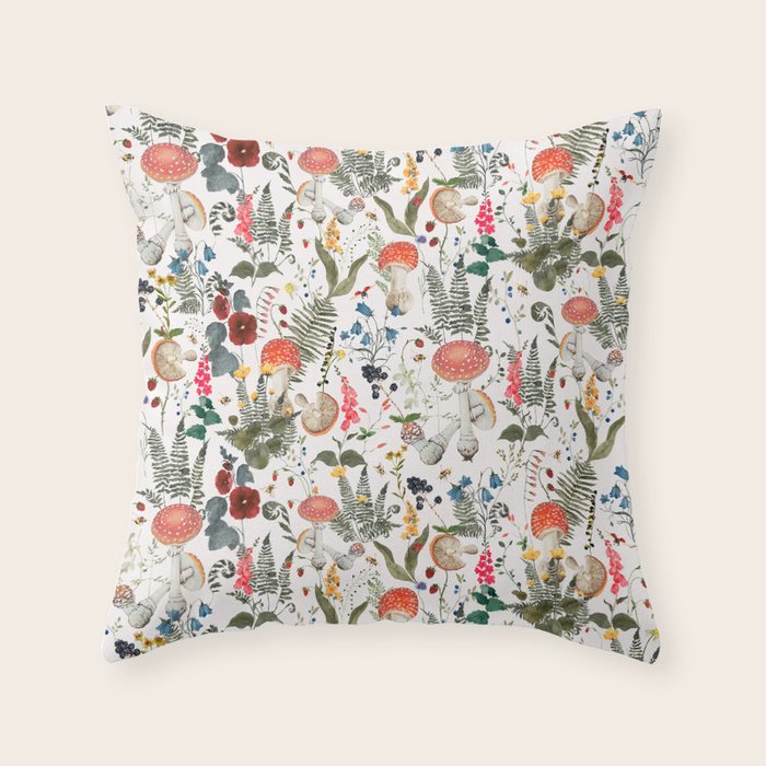 Watercolor Hand Drawn Mushroom Autumn Garden Throw Pillow Gallery Image 1