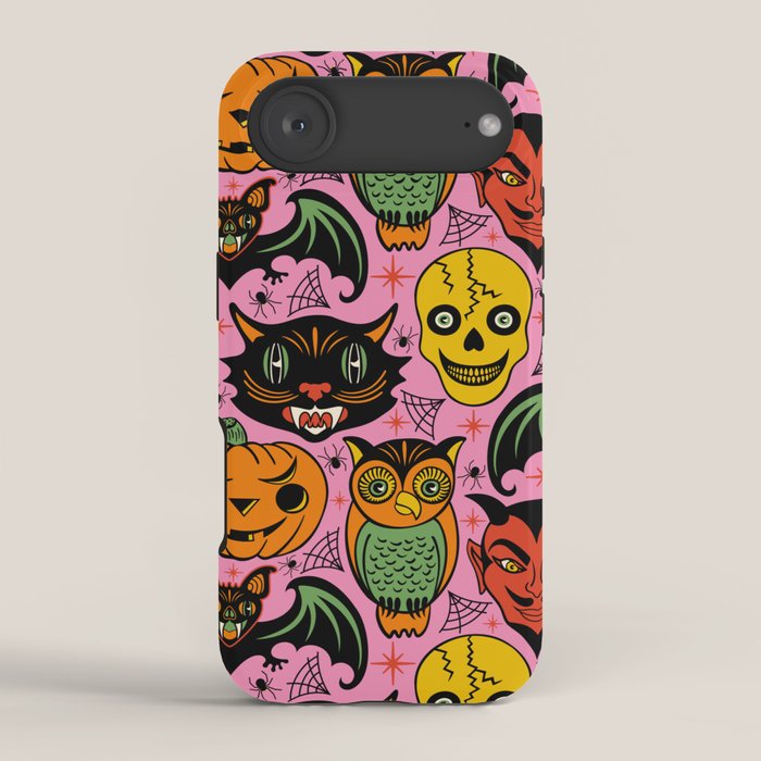 Retro Halloween in Pink - Skull Black Cat Devil Pumpkin Bat Owl Motifs iPhone Case Gallery Image 2