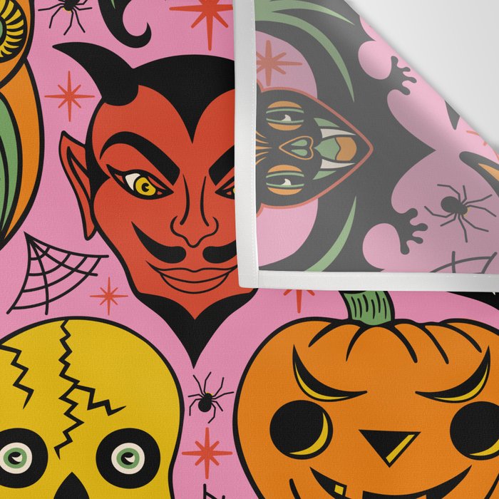 Retro Halloween in Pink - Skull Black Cat Devil Pumpkin Bat Owl Motifs Wall Tapestry Gallery Image 3
