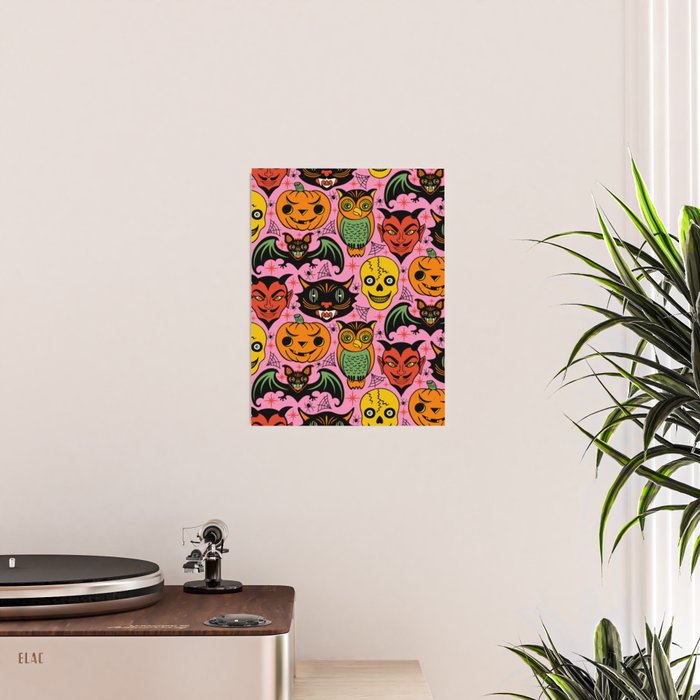 Retro Halloween in Pink - Skull Black Cat Devil Pumpkin Bat Owl Motifs Poster Gallery Image 2