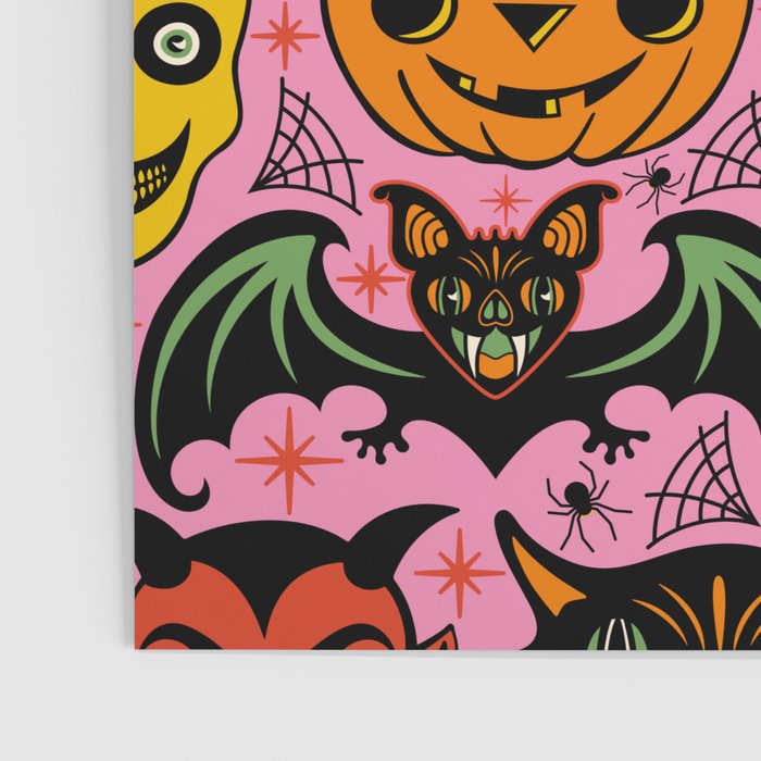 Retro Halloween in Pink - Skull Black Cat Devil Pumpkin Bat Owl Motifs Poster Gallery Image 3