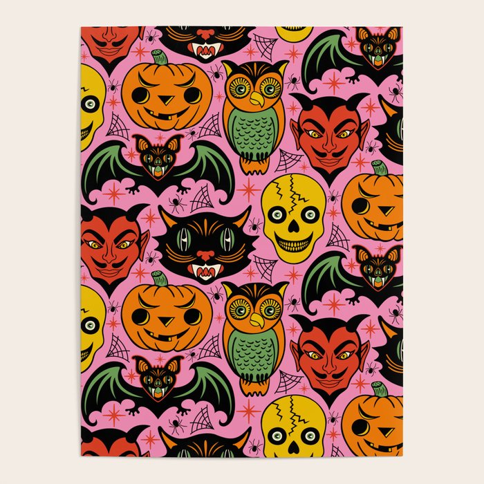 Retro Halloween in Pink - Skull Black Cat Devil Pumpkin Bat Owl Motifs Poster Gallery Image 2