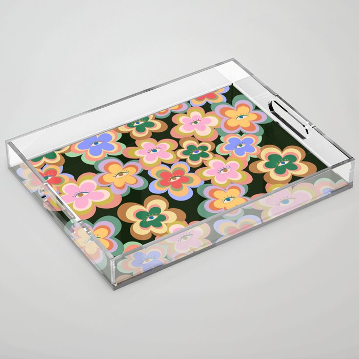 70s Evil Eye Flower Pattern in dark green Acrylic Tray Gallery Image 1