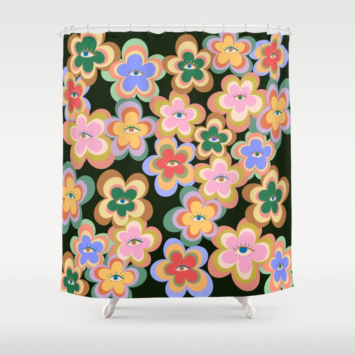 70s Evil Eye Flower Pattern in dark green Shower Curtain Gallery Image 1