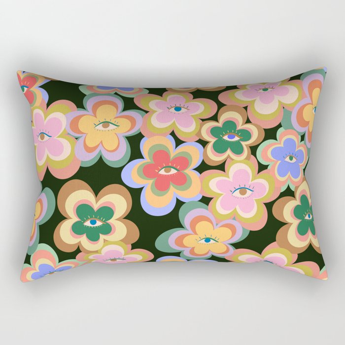 70s Evil Eye Flower Pattern in dark green Rectangular Pillow Gallery Image 2