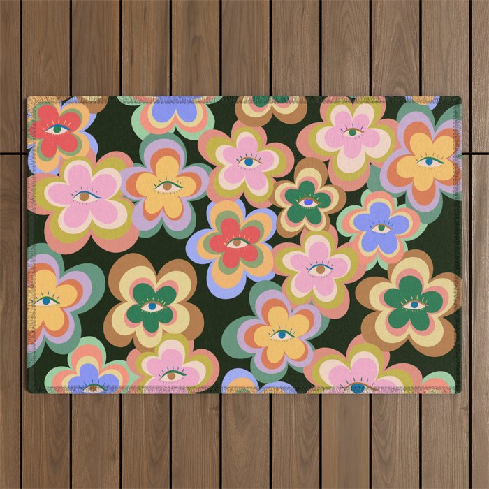 70s Evil Eye Flower Pattern in dark green Outdoor Rug Gallery Image 1