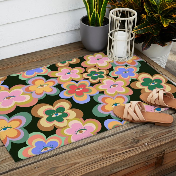 70s Evil Eye Flower Pattern in dark green Outdoor Rug Gallery Image 2