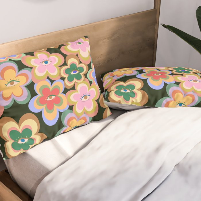 70s Evil Eye Flower Pattern in dark green Pillow Sham Gallery Image 2