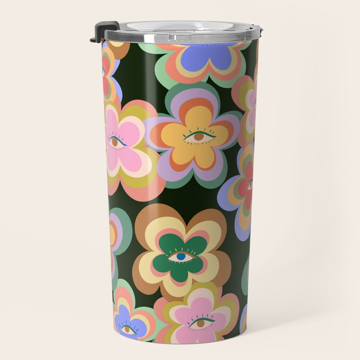 70s Evil Eye Flower Pattern in dark green Travel Mug Gallery Image 3