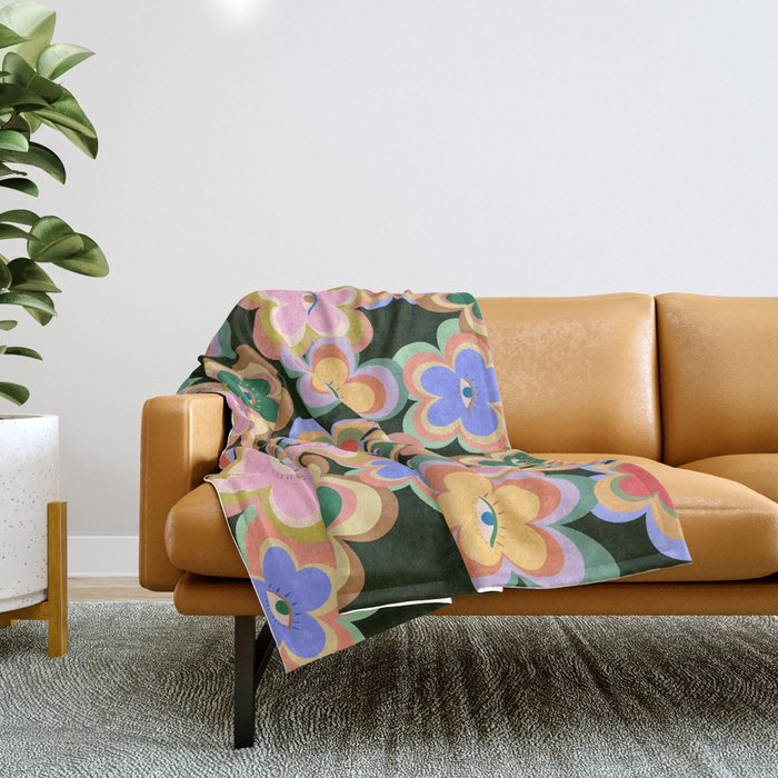70s Evil Eye Flower Pattern in dark green Throw Blanket Gallery Image 1