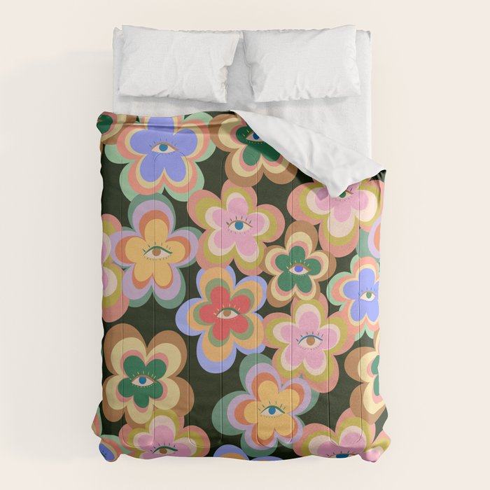 70s Evil Eye Flower Pattern in dark green Comforter Gallery Image 6
