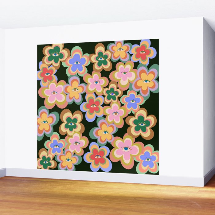 70s Evil Eye Flower Pattern in dark green Wall Mural Gallery Image 2