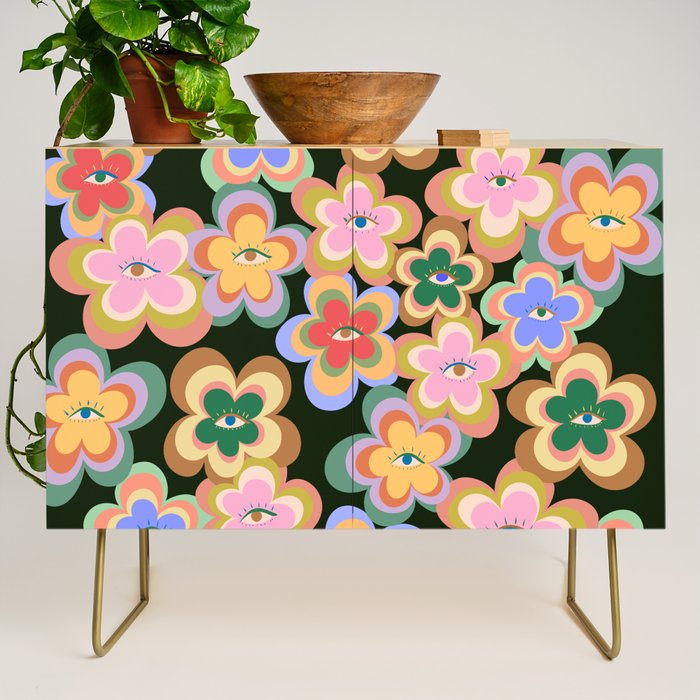 70s Evil Eye Flower Pattern in dark green Credenza Gallery Image 1