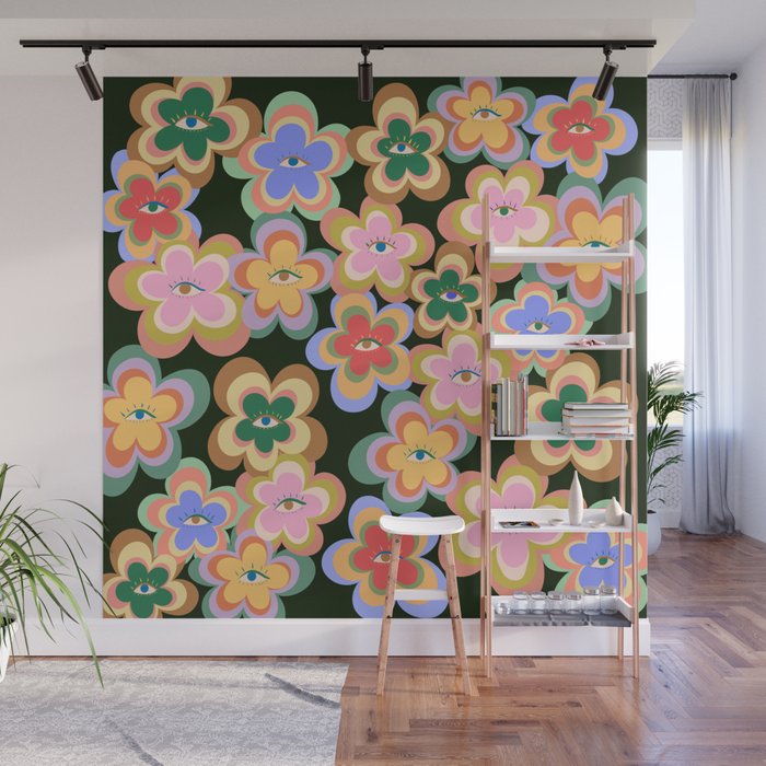 70s Evil Eye Flower Pattern in dark green Wall Mural Gallery Image 1