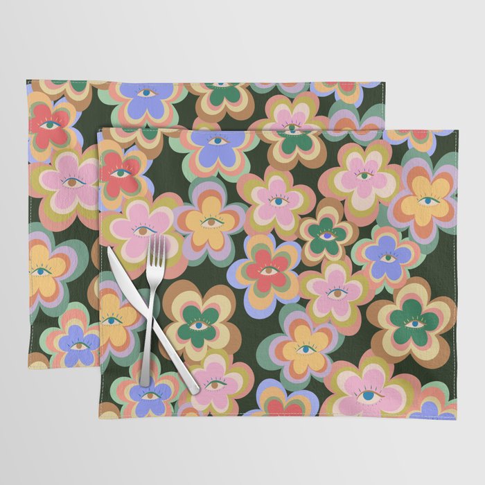 70s Evil Eye Flower Pattern in dark green Placemat Gallery Image 1