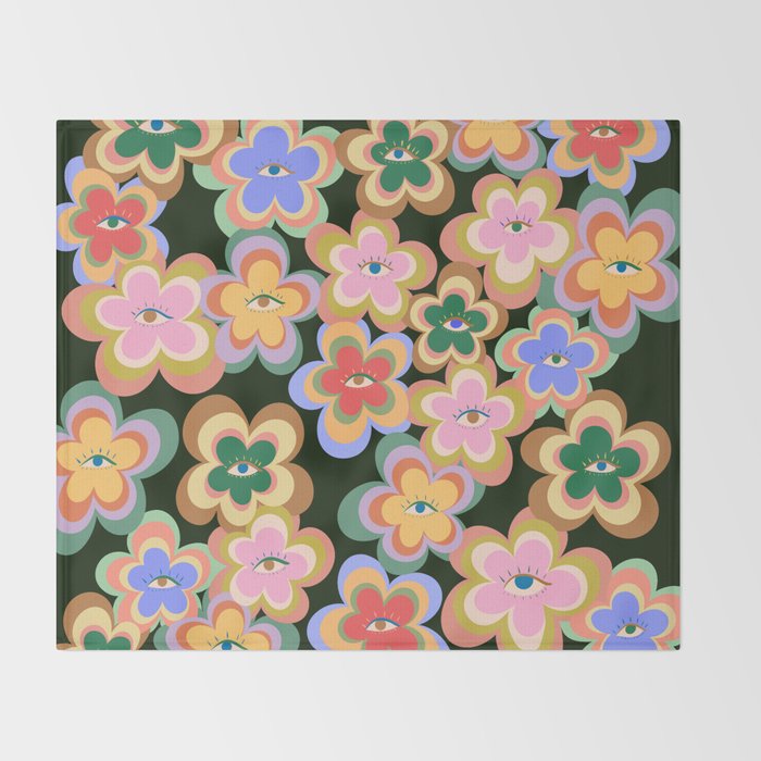 70s Evil Eye Flower Pattern in dark green Throw Blanket Gallery Image 2