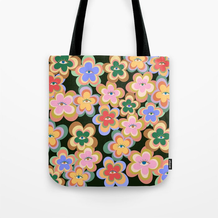 70s Evil Eye Flower Pattern in dark green Tote Bag Gallery Image 1