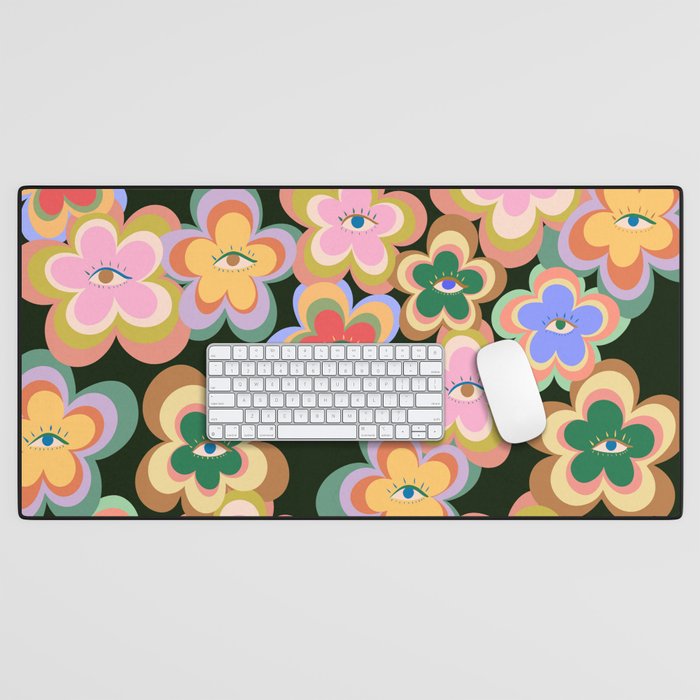 70s Evil Eye Flower Pattern in dark green Desk Mat Gallery Image 1