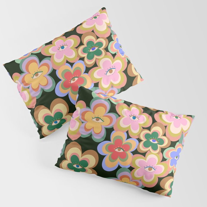 70s Evil Eye Flower Pattern in dark green Pillow Sham Gallery Image 3
