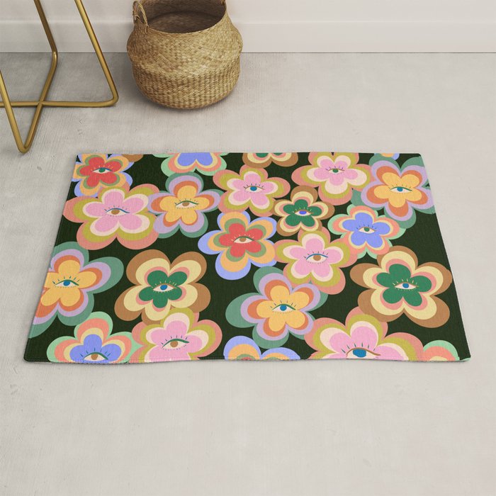 70s Evil Eye Flower Pattern in dark green Rug Gallery Image 1