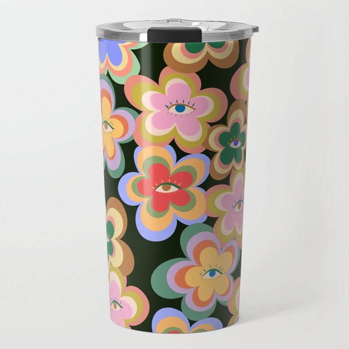 70s Evil Eye Flower Pattern in dark green Travel Mug Gallery Image 1