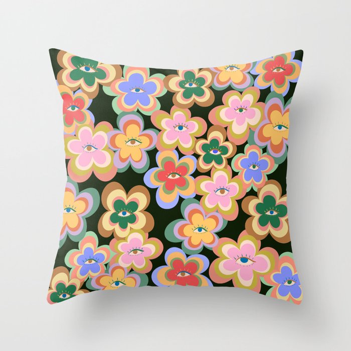 70s Evil Eye Flower Pattern in dark green Throw Pillow Gallery Image 6