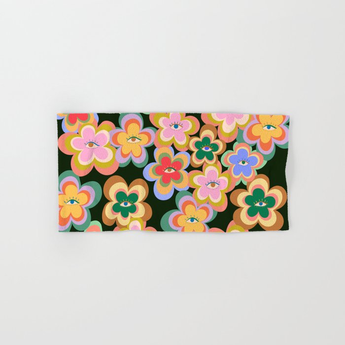 70s Evil Eye Flower Pattern in dark green Bath Towel Gallery Image 1