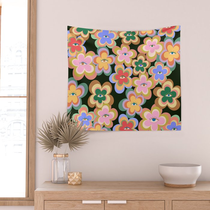 70s Evil Eye Flower Pattern in dark green Wall Tapestry Gallery Image 2