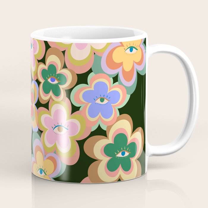 70s Evil Eye Flower Pattern in dark green Coffee Mug Gallery Image 1