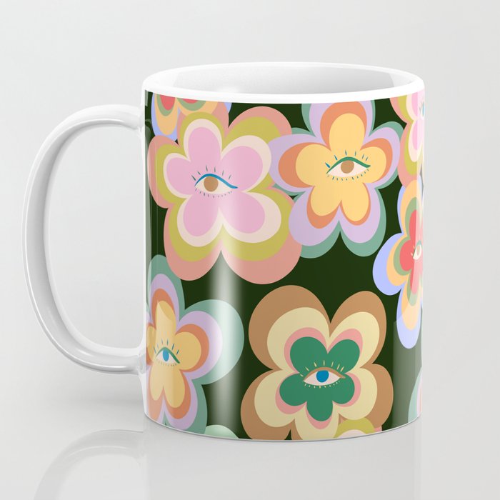 70s Evil Eye Flower Pattern in dark green Coffee Mug Gallery Image 3