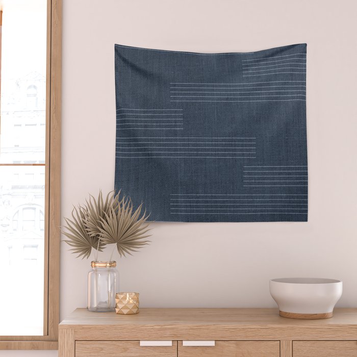 Minimal Striped Pattern, Navy Blue Wall Tapestry Gallery Image 2