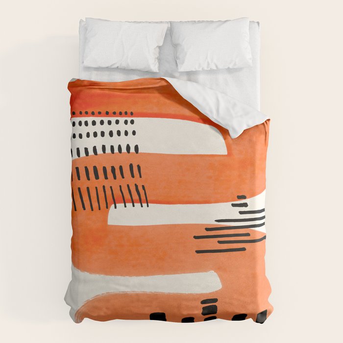 Mid Century Modern abstract Minimalist Fun Colorful Shapes Patterns Orange Watercolor Wiggle Stroke Duvet Cover Gallery Image 6