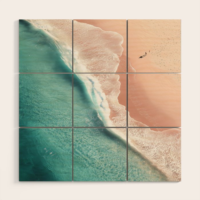 Pastel Coastline - Aerial View of Turquoise Sea and Blush Sand Wood Wall Art Gallery Image 1