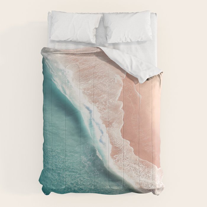 Pastel Coastline - Aerial View of Turquoise Sea and Blush Sand Comforter Gallery Image 1