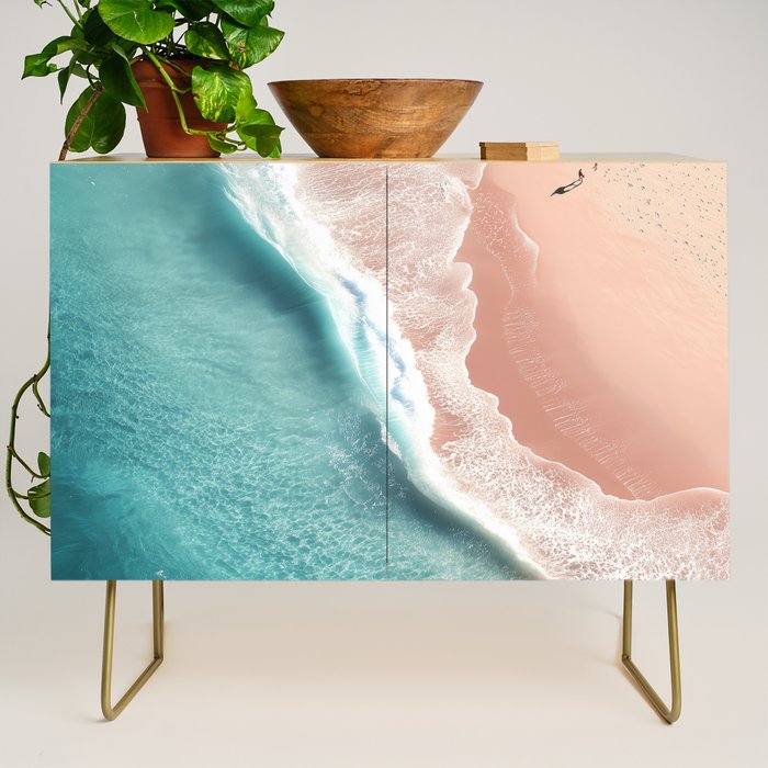 Pastel Coastline - Aerial View of Turquoise Sea and Blush Sand Credenza Gallery Image 1