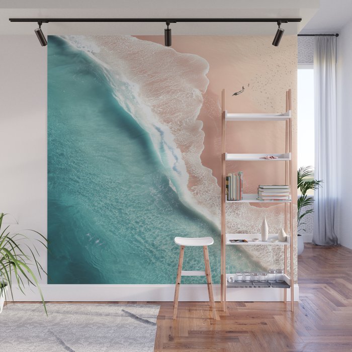 Pastel Coastline - Aerial View of Turquoise Sea and Blush Sand Wall Mural Gallery Image 1