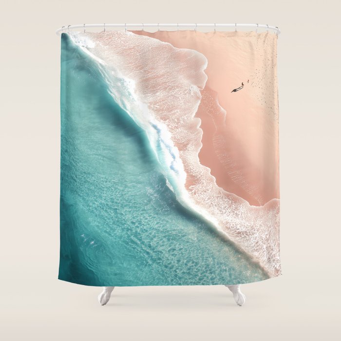 Pastel Coastline - Aerial View of Turquoise Sea and Blush Sand Shower Curtain Gallery Image 1