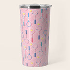 Collection of Retro Tennis Racquets on Pink Travel Mug Gallery Image 1