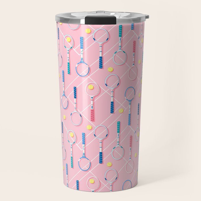 Collection of Retro Tennis Racquets on Pink Travel Mug Gallery Image 1