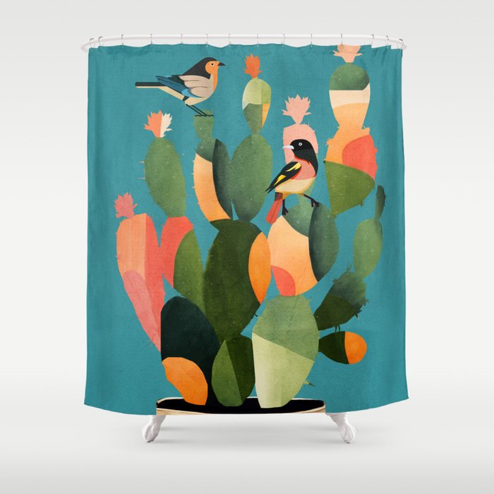 Cactus and  Birds 2 Shower Curtain Gallery Image 1